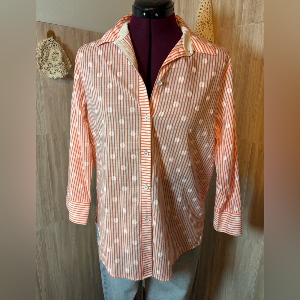 Foxcroft Orange and White Striped With Polka Dots Blouse Shirt